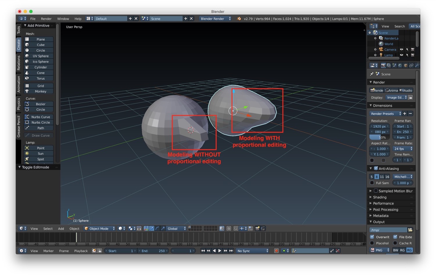 Two meshes modified with and without the proportional editing enable