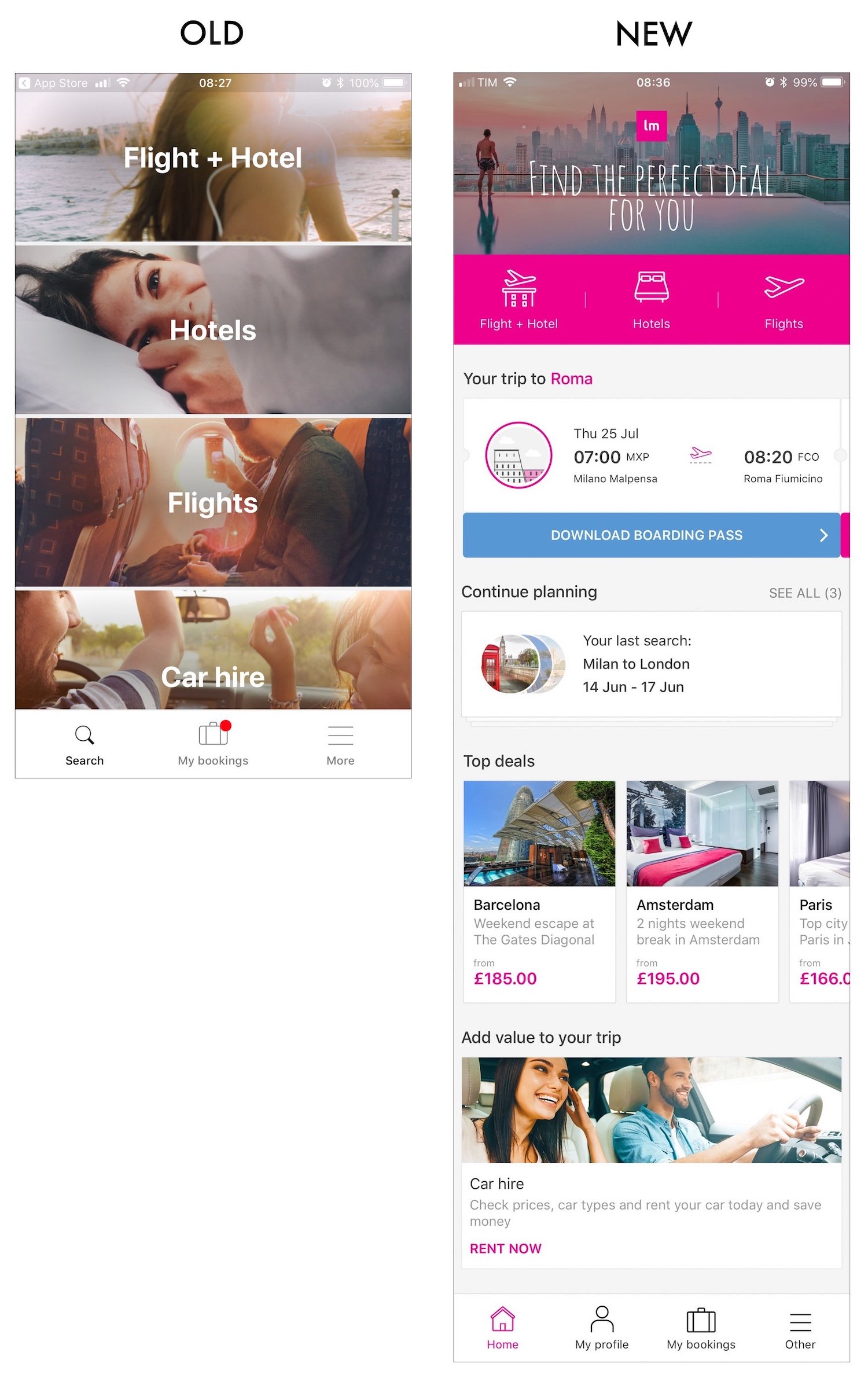 A comparison between the old and the new lastminute.com app home