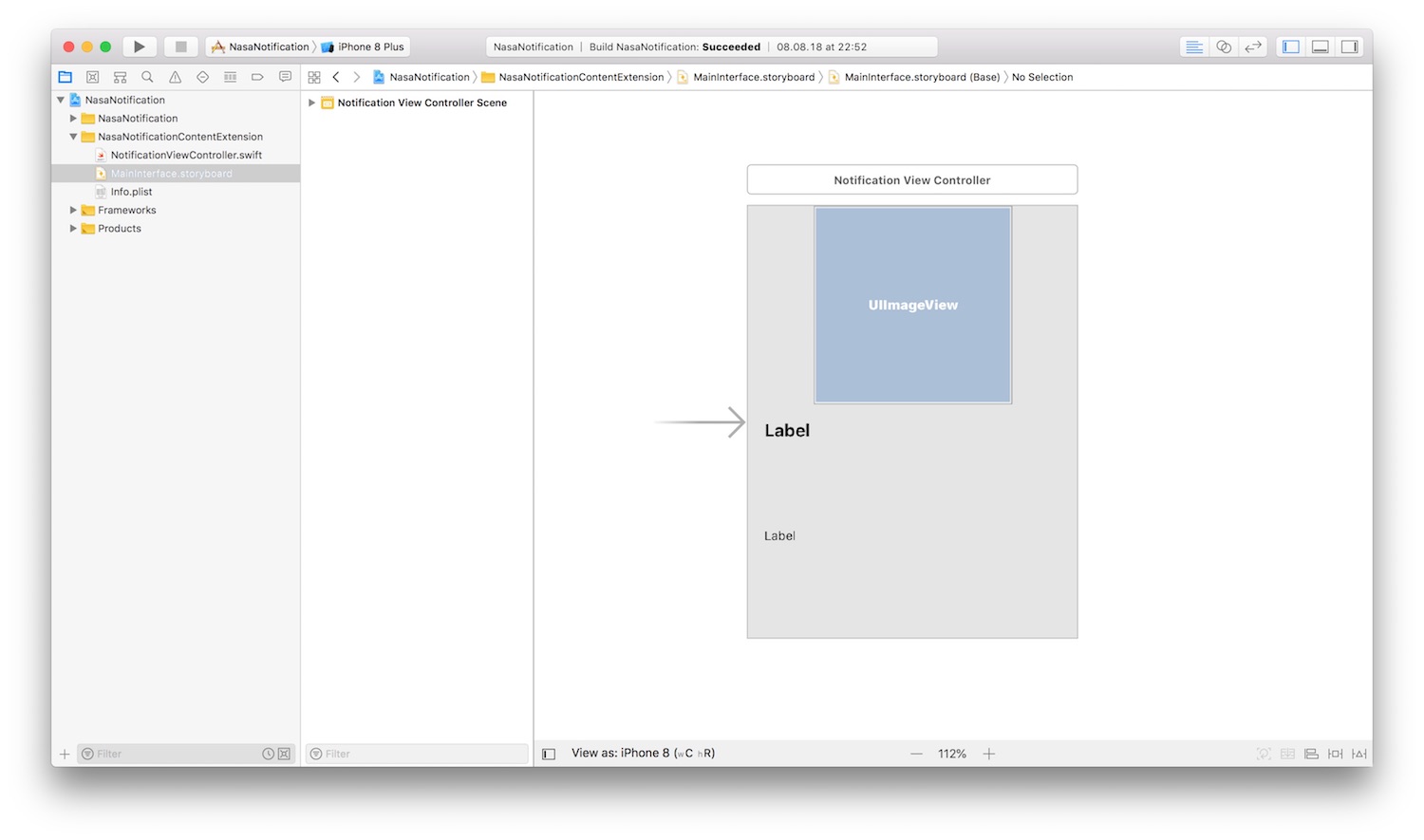 Customize the notification UI with the storyboard contained in the new created extension