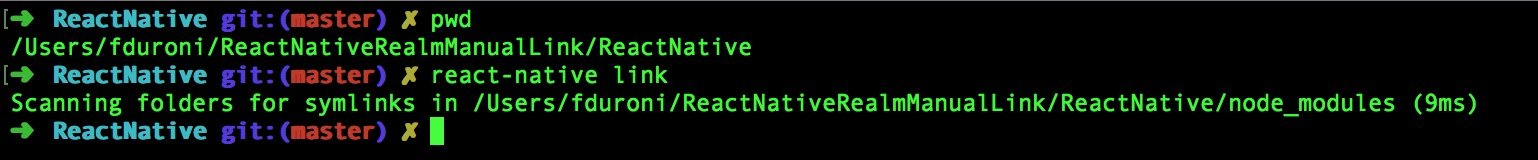 The react-native link command fails to install the realm library