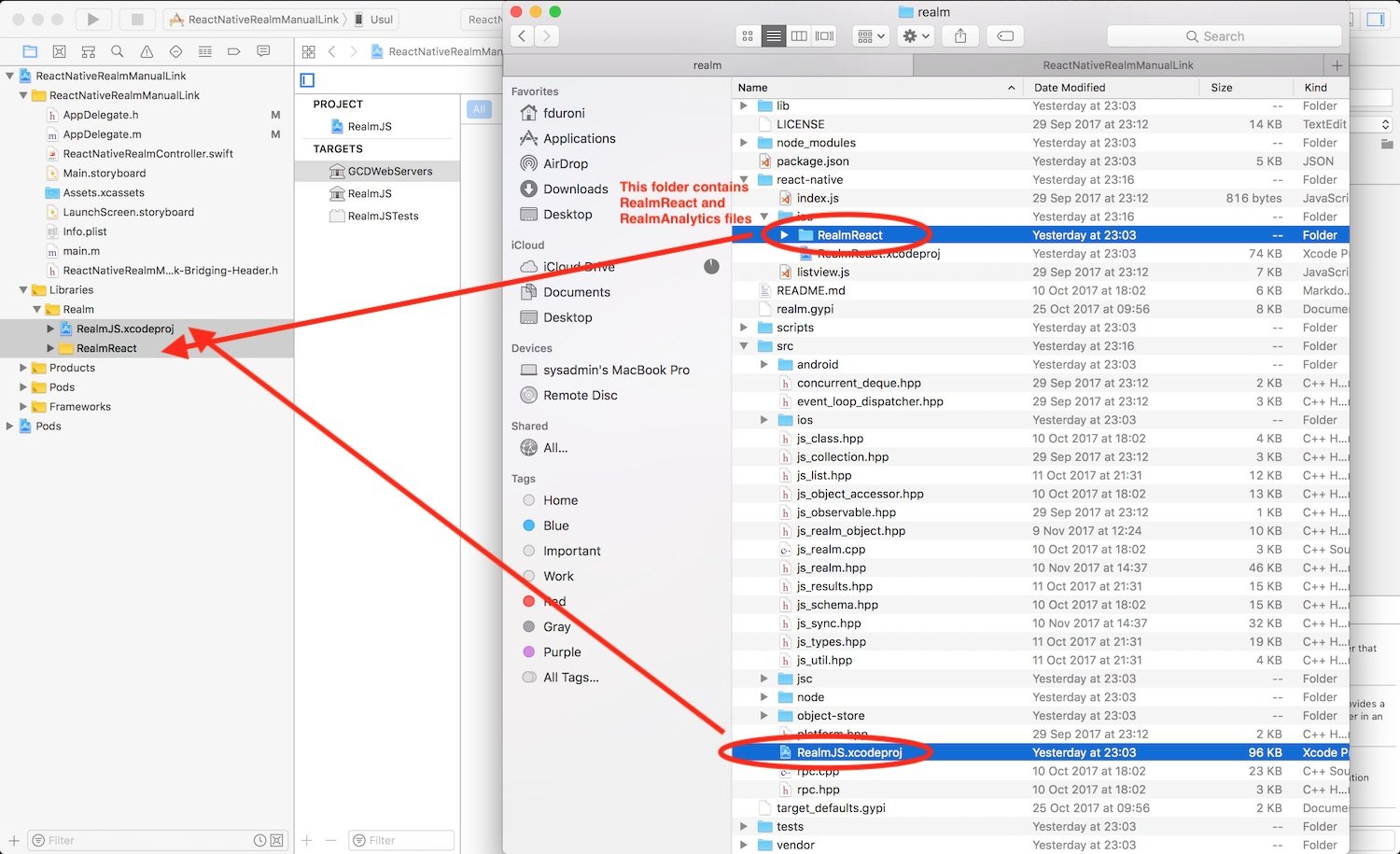 Add the RealmReact folder and the RealmJS xcodeproj to the project